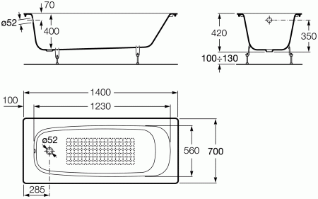 Чугунная ванна Roca Continental 212914001 (140х70) с противоскользящим покрытием